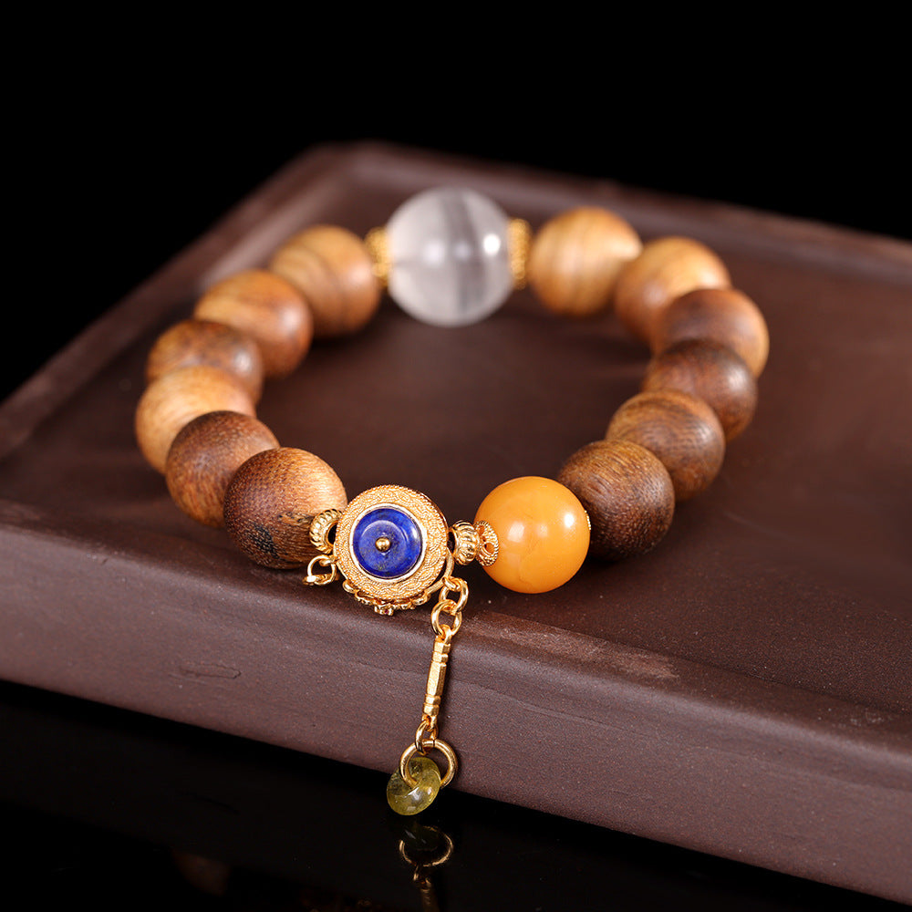 Handmade 925 Sterling Silver Agarwood White Phantom Quartz Amber Beaded Bracelet