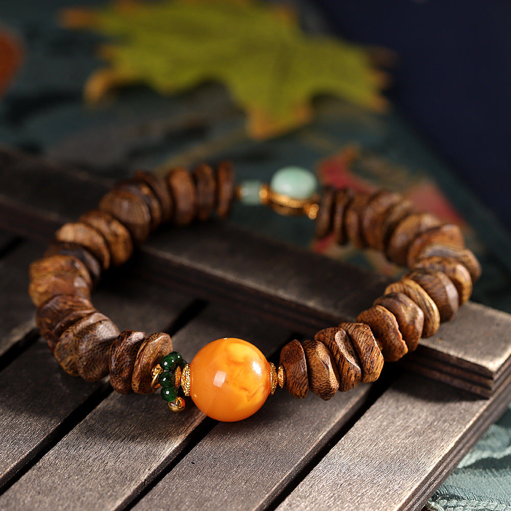 Handmade DIY Vietnamese Nha Trang Agarwood Amber Jade 925 Sterling Silver Beaded Bracelet