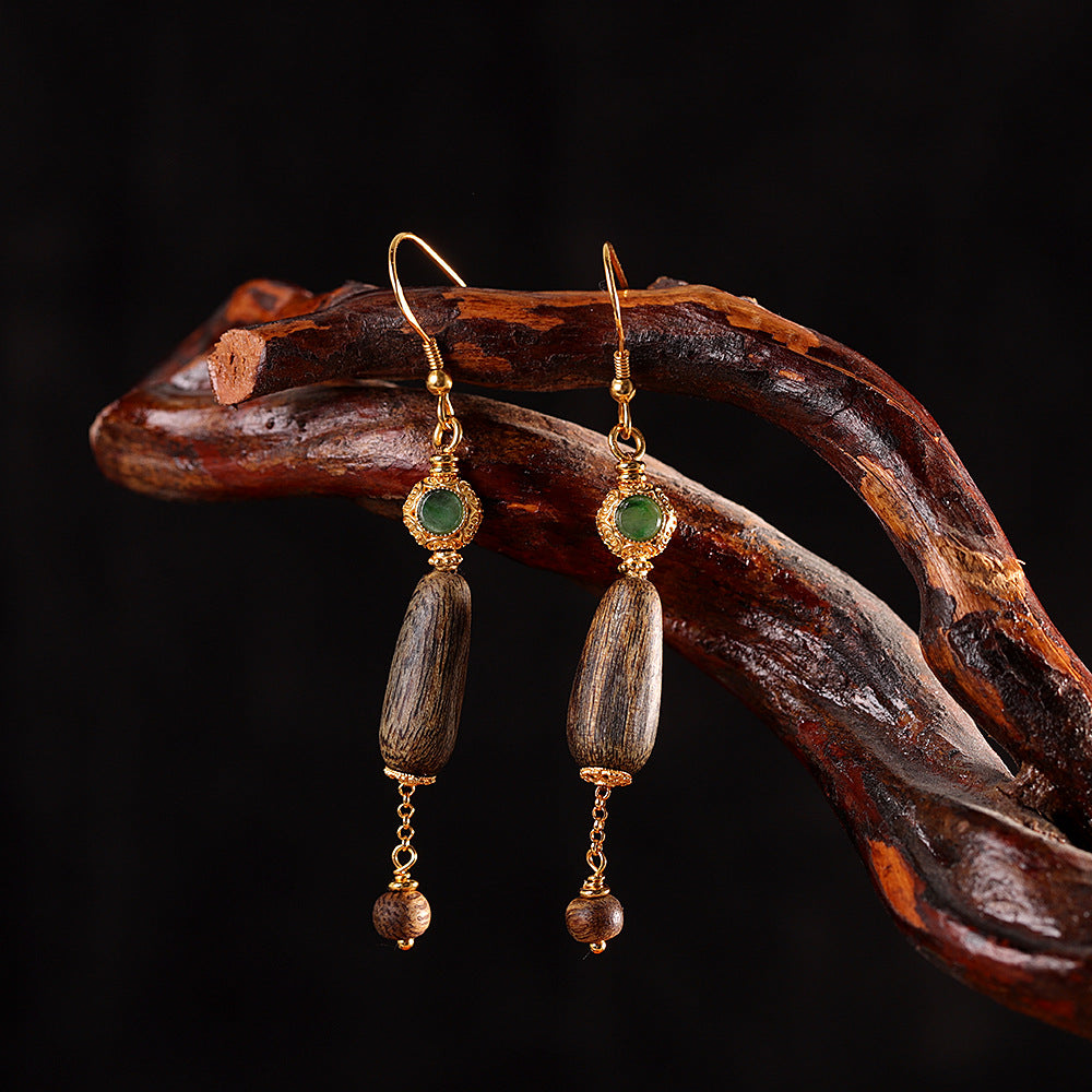 Handmade S925 Gold-Plated Agarwood & Green Jade Long Drop Earrings - Chinese Style