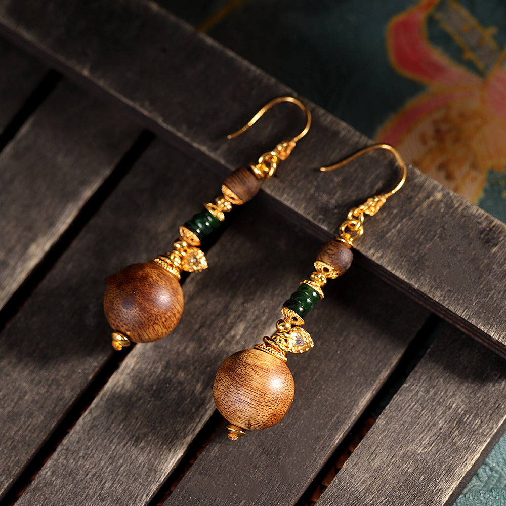 Handmade Agarwood & Jade Drop Earrings | 18K Gold Plated S925 Silver, Natural Wood Ethnic Jewelry