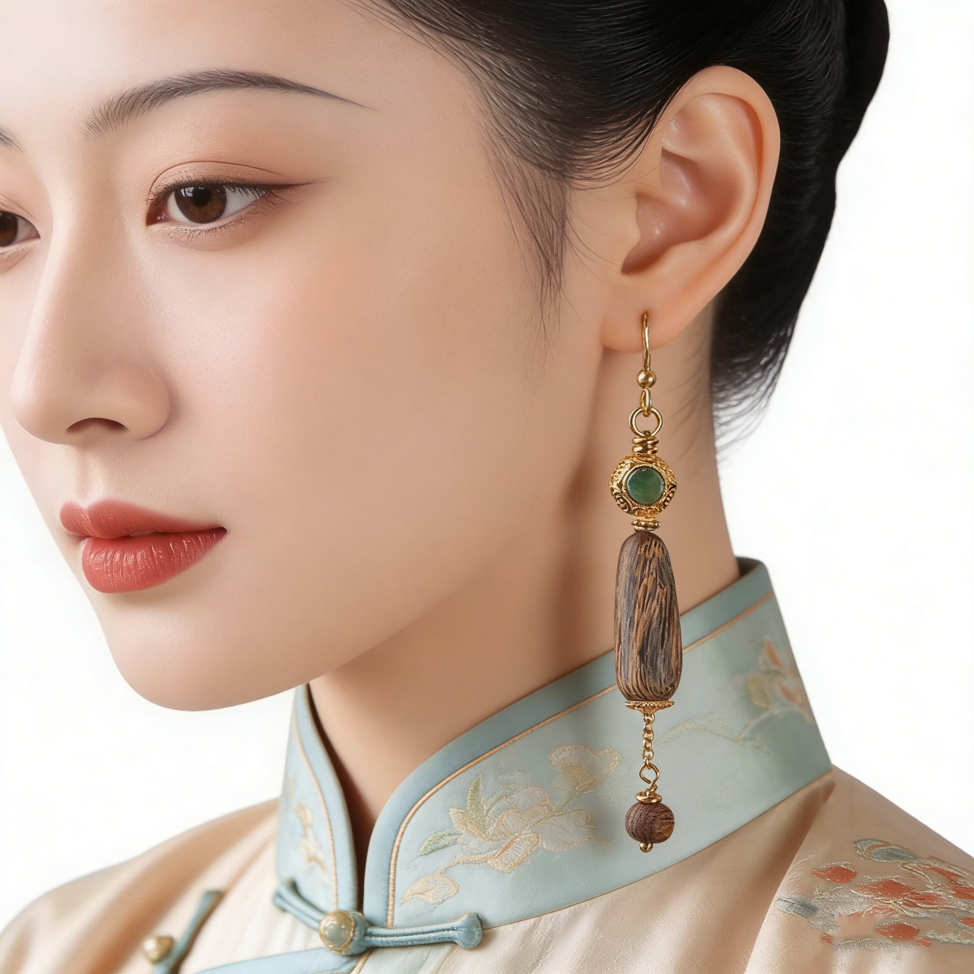 Handmade S925 Gold-Plated Agarwood & Green Jade Long Drop Earrings - Chinese Style