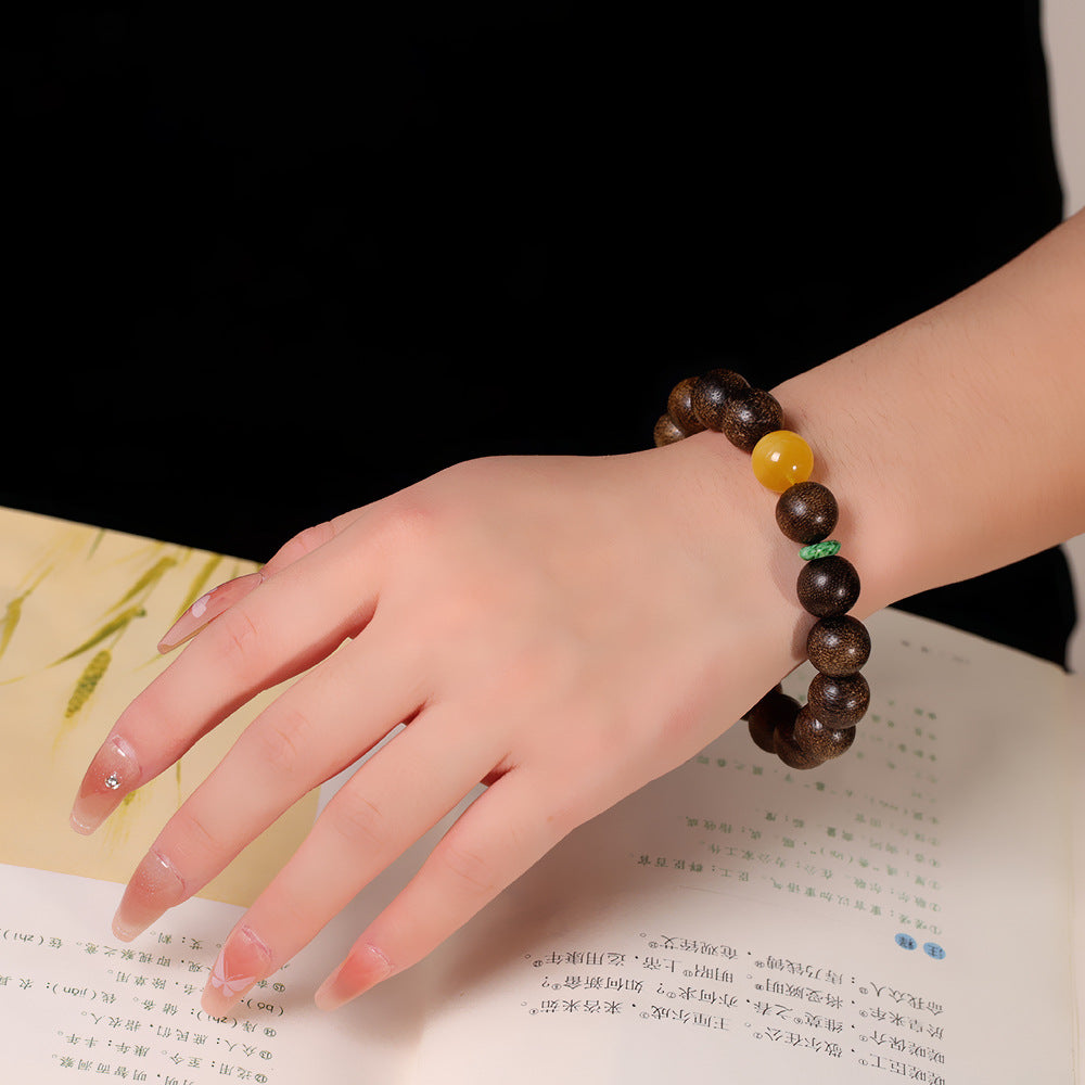 Handmade Vintage Amber Bracelet with Agarwood and Single Round Bead