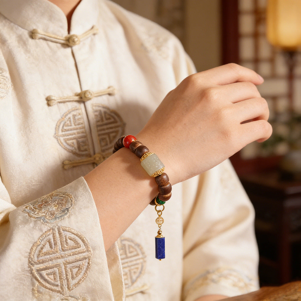 Fashionable Chinese-Style S925 Sterling Silver Handmade DIY Agarwood Bracelet with Antique Wood Beads – Vintage Women's Jewelry