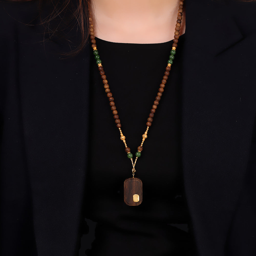 Natural Jadeite Agarwood Peace Talisman Vintage Sweater Chain – S925 Sterling Silver Necklace