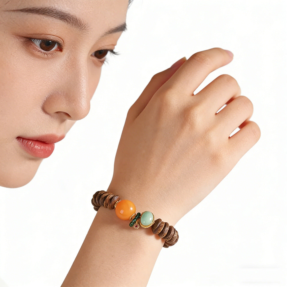 Handmade DIY Vietnamese Nha Trang Agarwood Amber Jade 925 Sterling Silver Beaded Bracelet