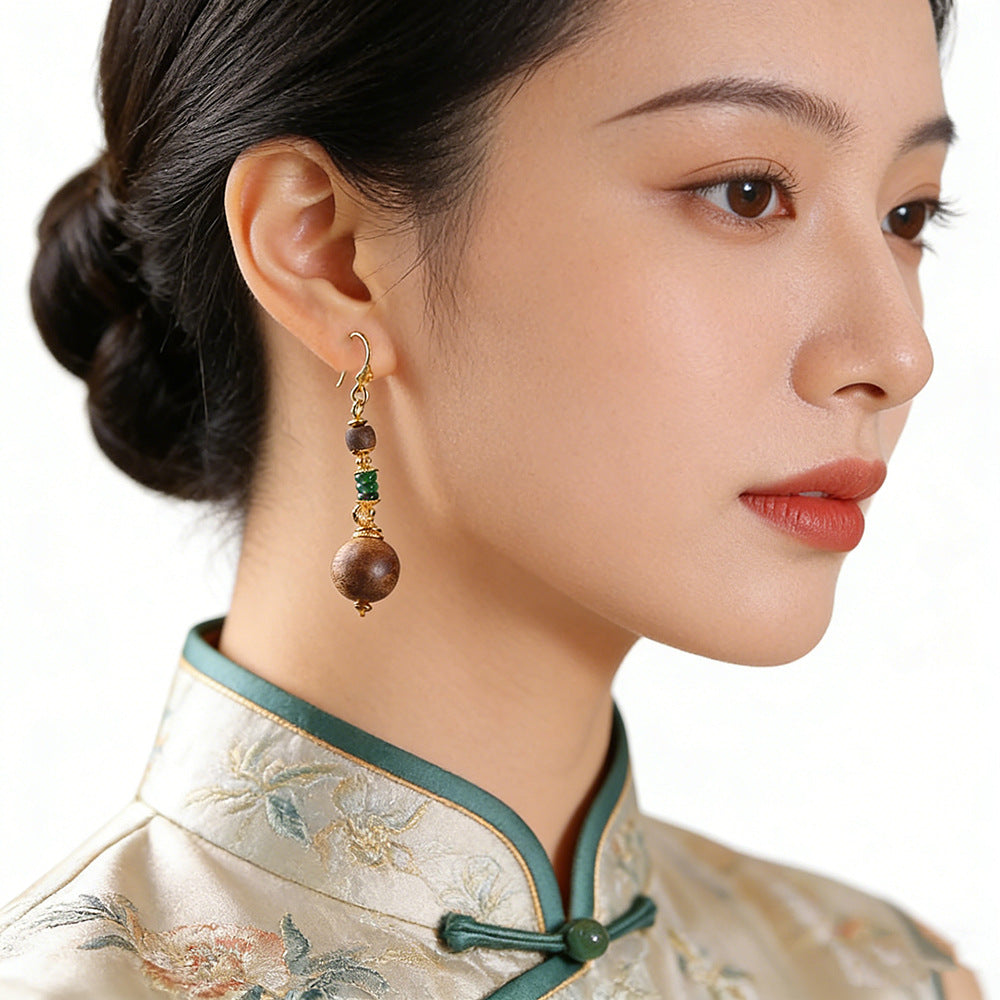 Handmade Agarwood & Jade Drop Earrings | 18K Gold Plated S925 Silver, Natural Wood Ethnic Jewelry