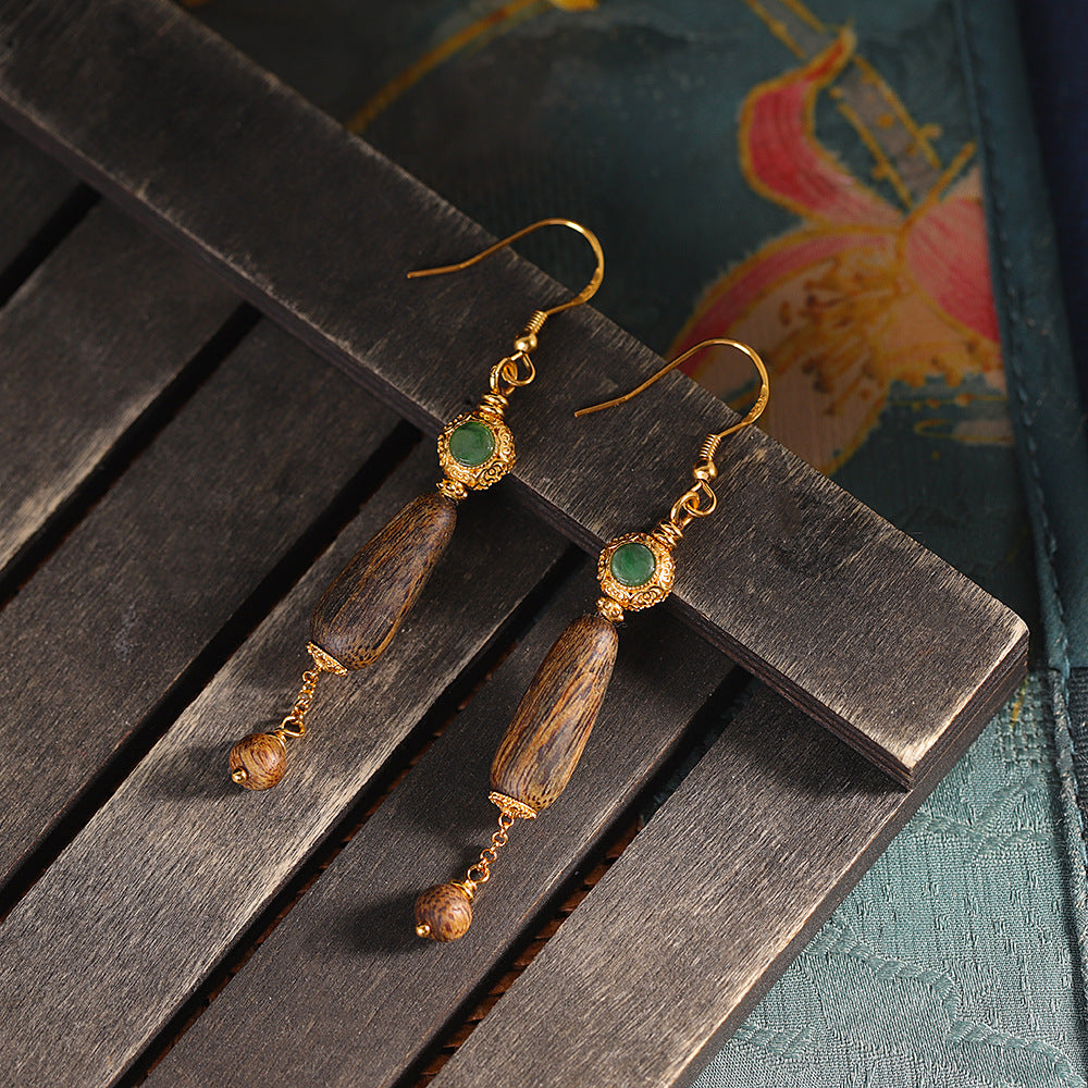 Handmade S925 Gold-Plated Agarwood & Green Jade Long Drop Earrings - Chinese Style