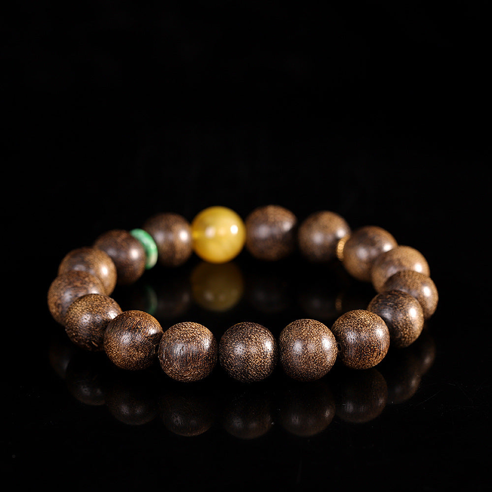 Handmade Vintage Amber Bracelet with Agarwood and Single Round Bead