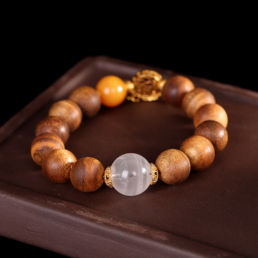 Handmade 925 Sterling Silver Agarwood White Phantom Quartz Amber Beaded Bracelet