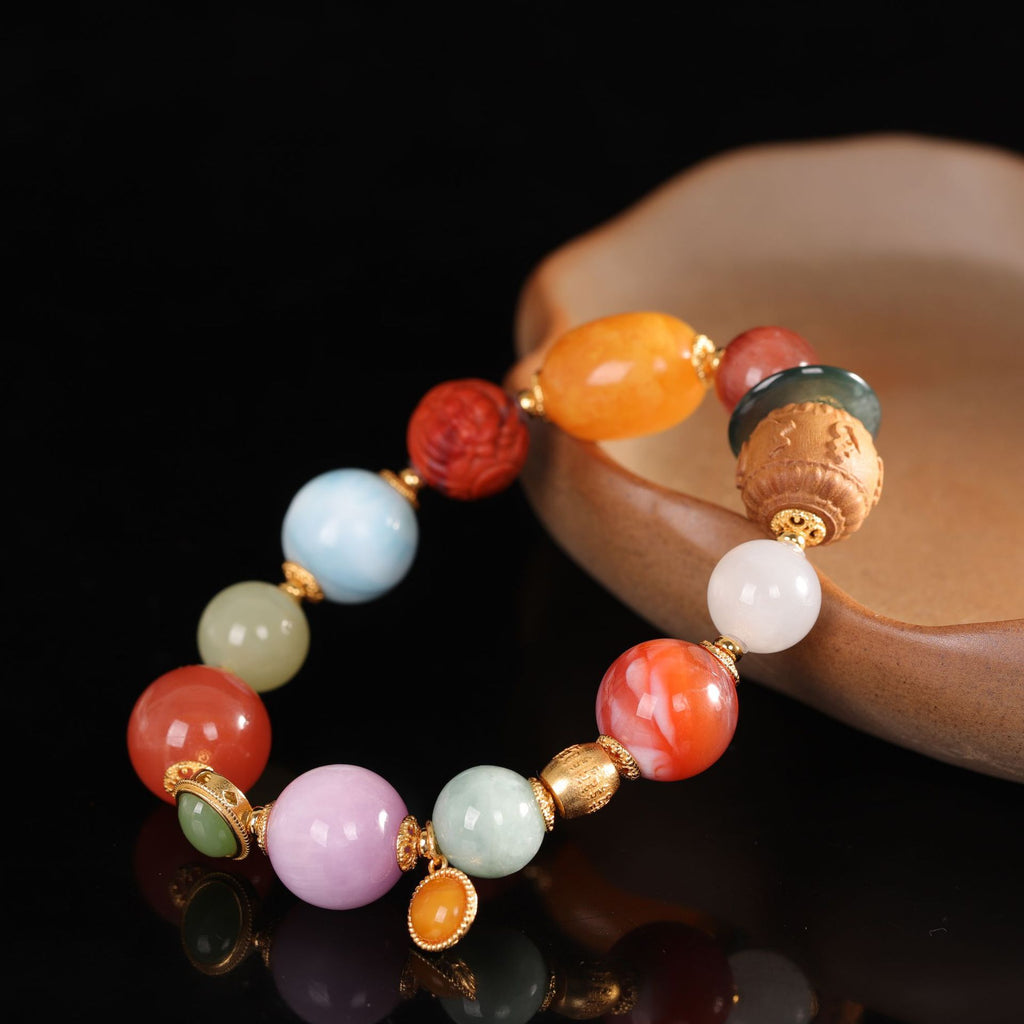 Handmade DIY Multi-Gemstone Beaded Bracelet - Amber, Agarwood, Hetian Jade, Red Agate, Jadeite