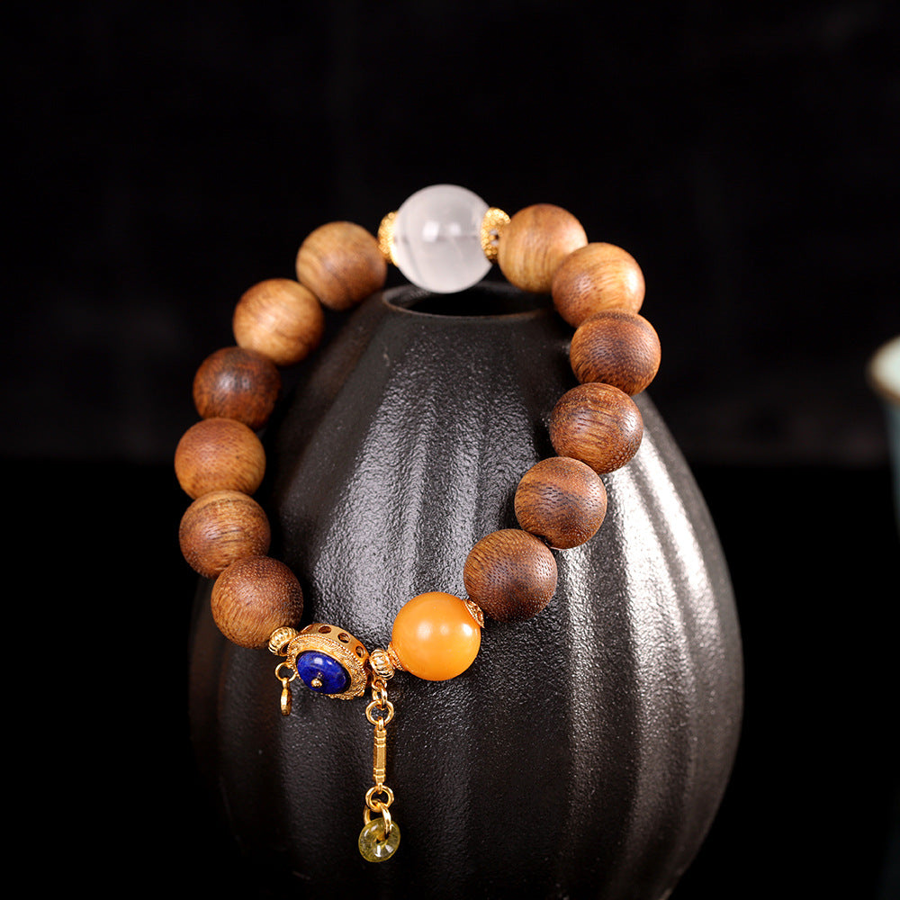 Handmade 925 Sterling Silver Agarwood White Phantom Quartz Amber Beaded Bracelet