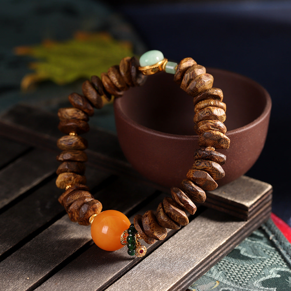 Handmade DIY Vietnamese Nha Trang Agarwood Amber Jade 925 Sterling Silver Beaded Bracelet