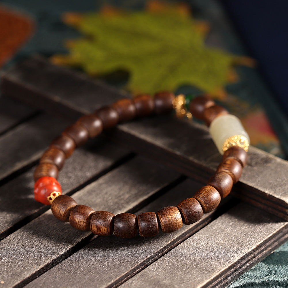 Fashionable Chinese-Style S925 Sterling Silver Handmade DIY Agarwood Bracelet with Antique Wood Beads – Vintage Women's Jewelry