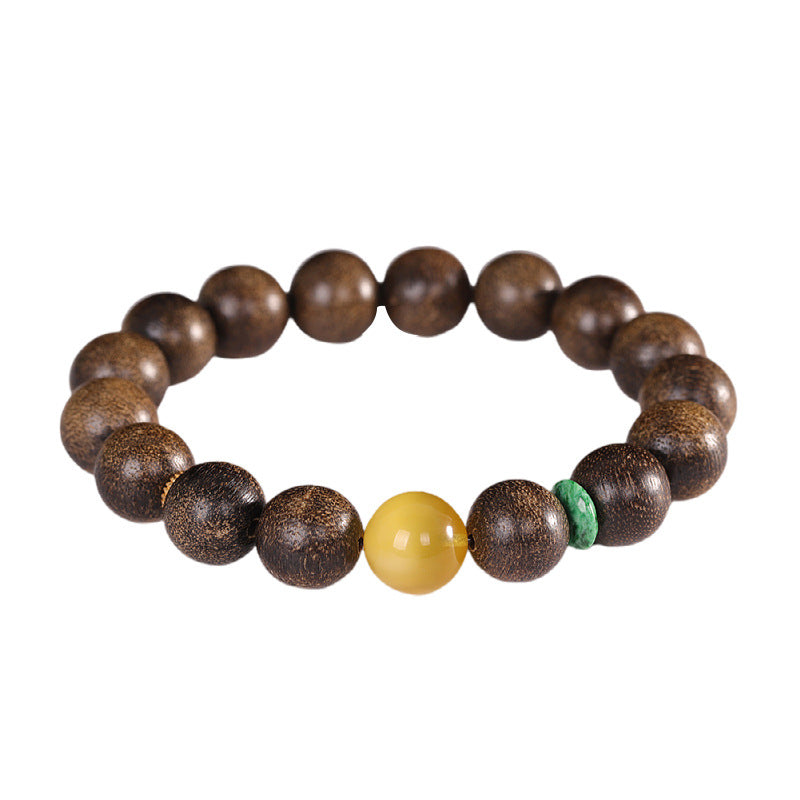 Handmade Vintage Amber Bracelet with Agarwood and Single Round Bead