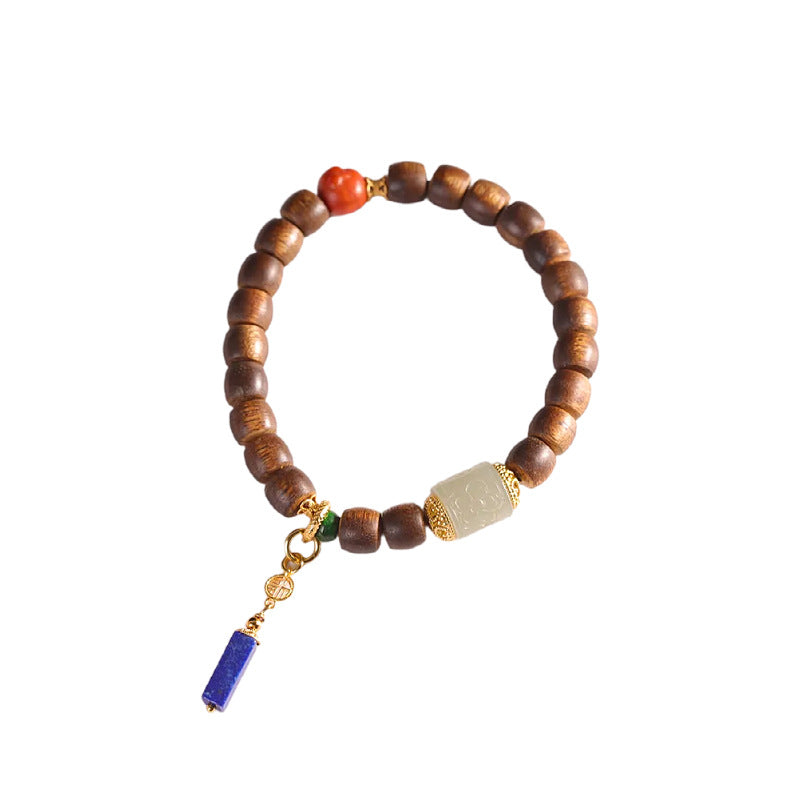 Fashionable Chinese-Style S925 Sterling Silver Handmade DIY Agarwood Bracelet with Antique Wood Beads – Vintage Women's Jewelry