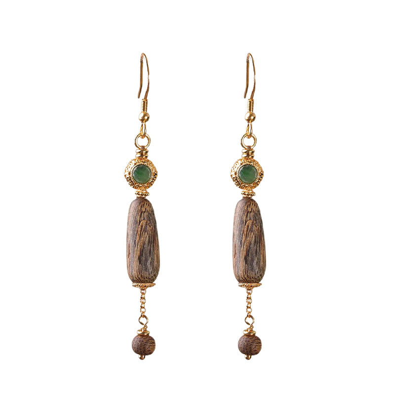 Handmade S925 Gold-Plated Agarwood & Green Jade Long Drop Earrings - Chinese Style