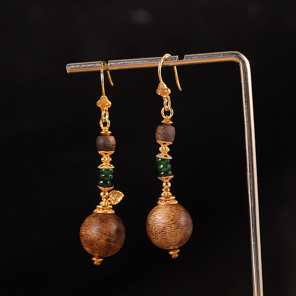 Handmade Agarwood & Jade Drop Earrings | 18K Gold Plated S925 Silver, Natural Wood Ethnic Jewelry