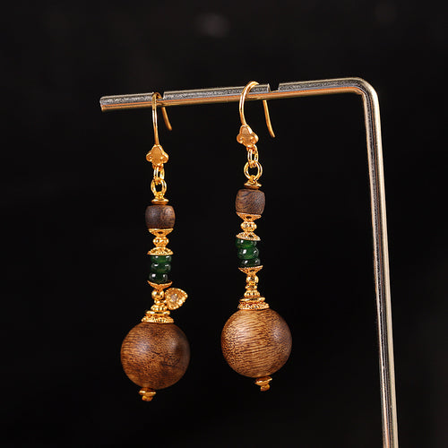 Handmade Agarwood & Jade Drop Earrings | 18K Gold Plated S925 Silver, Natural Wood Ethnic Jewelry