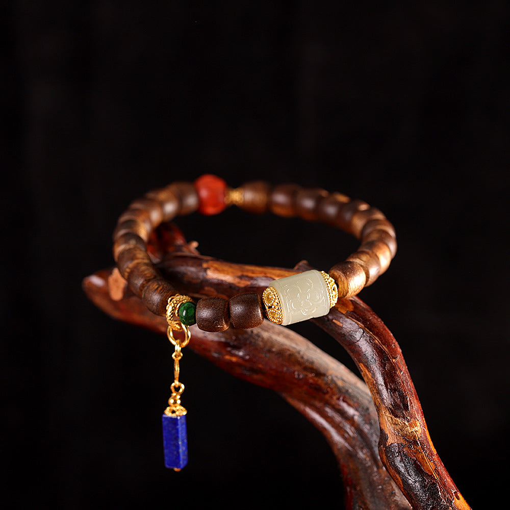 Fashionable Chinese-Style S925 Sterling Silver Handmade DIY Agarwood Bracelet with Antique Wood Beads – Vintage Women's Jewelry