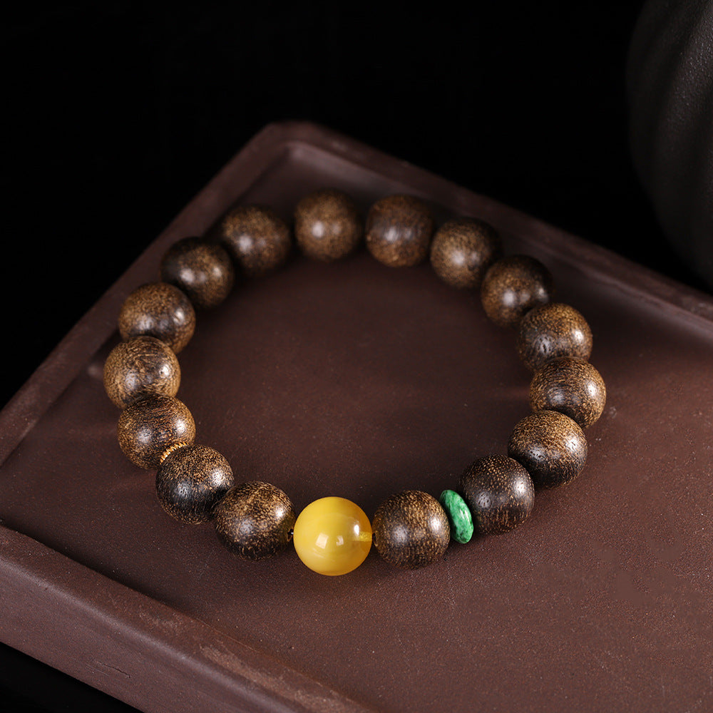 Handmade Vintage Amber Bracelet with Agarwood and Single Round Bead