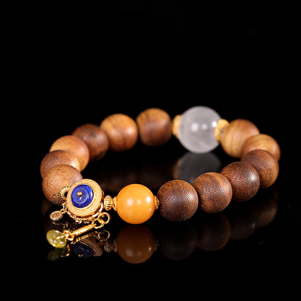 Handmade 925 Sterling Silver Agarwood White Phantom Quartz Amber Beaded Bracelet
