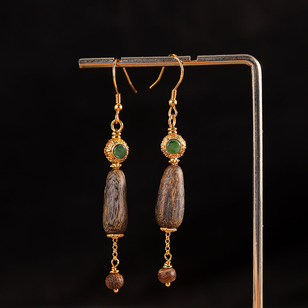 Handmade S925 Gold-Plated Agarwood & Green Jade Long Drop Earrings - Chinese Style