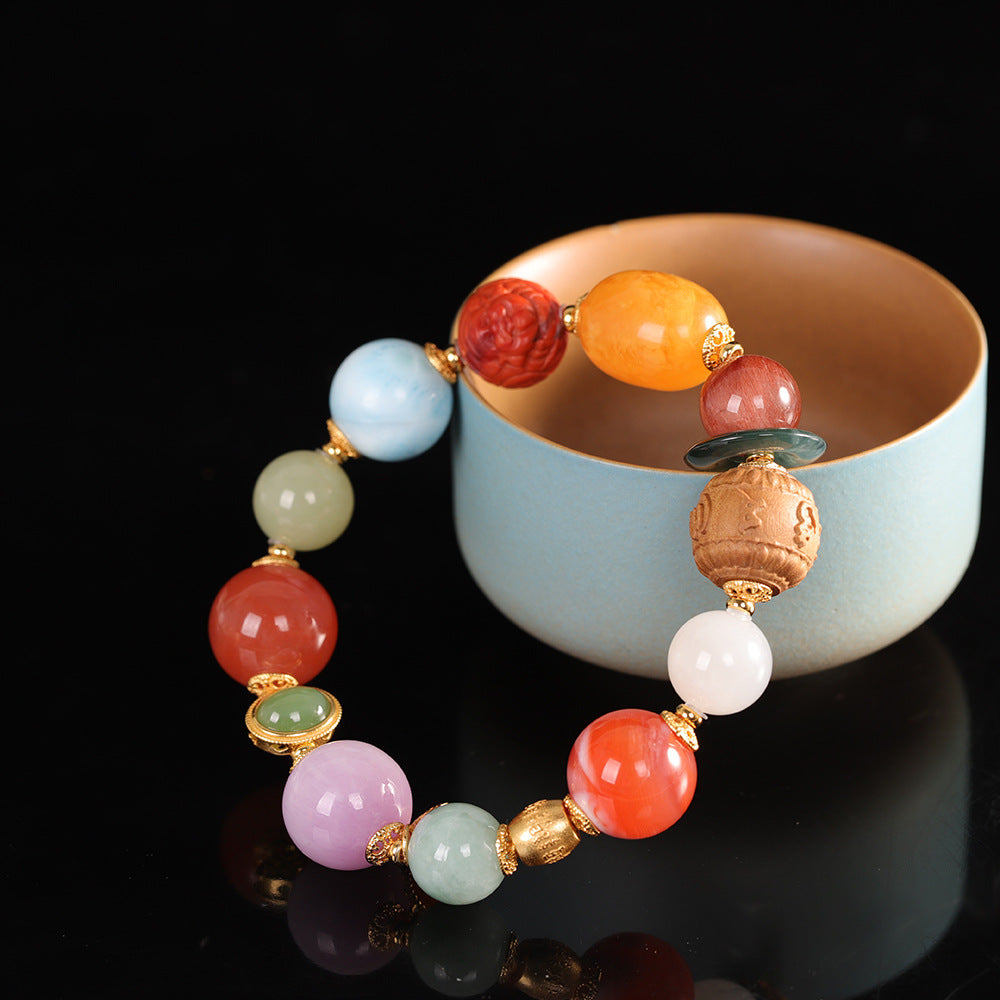 Handmade DIY Multi-Gemstone Beaded Bracelet - Amber, Agarwood, Hetian Jade, Red Agate, Jadeite