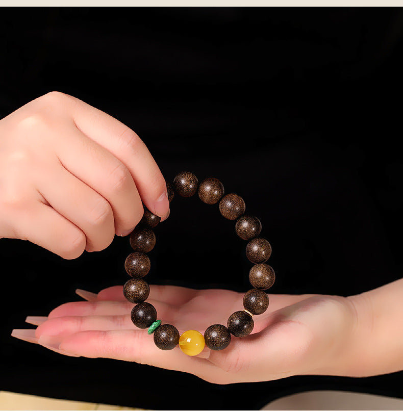 Handmade Vintage Amber Bracelet with Agarwood and Single Round Bead